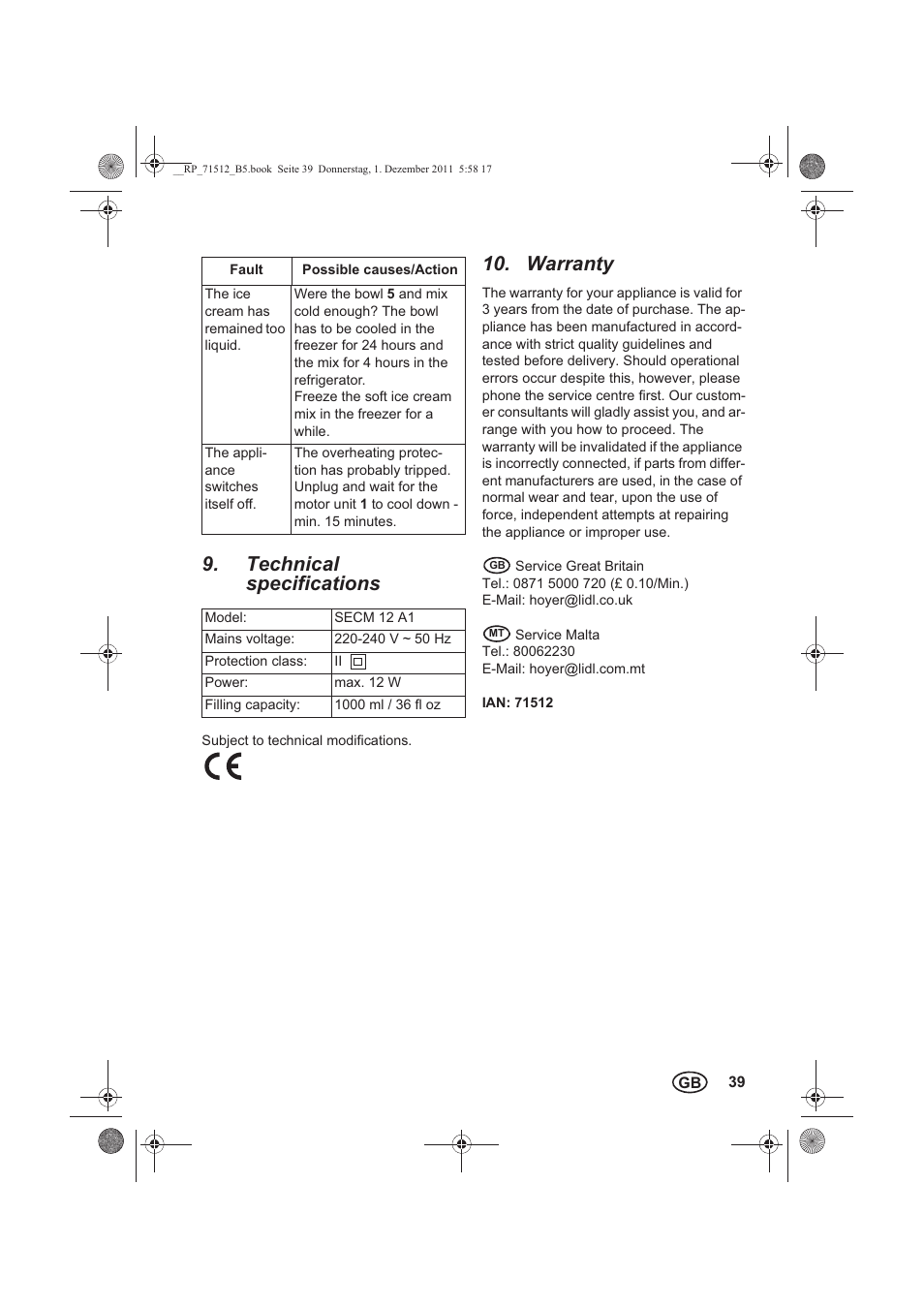 Technical specifications, Warranty | Silvercrest SECM 12 A1 User Manual | Page 41 / 54