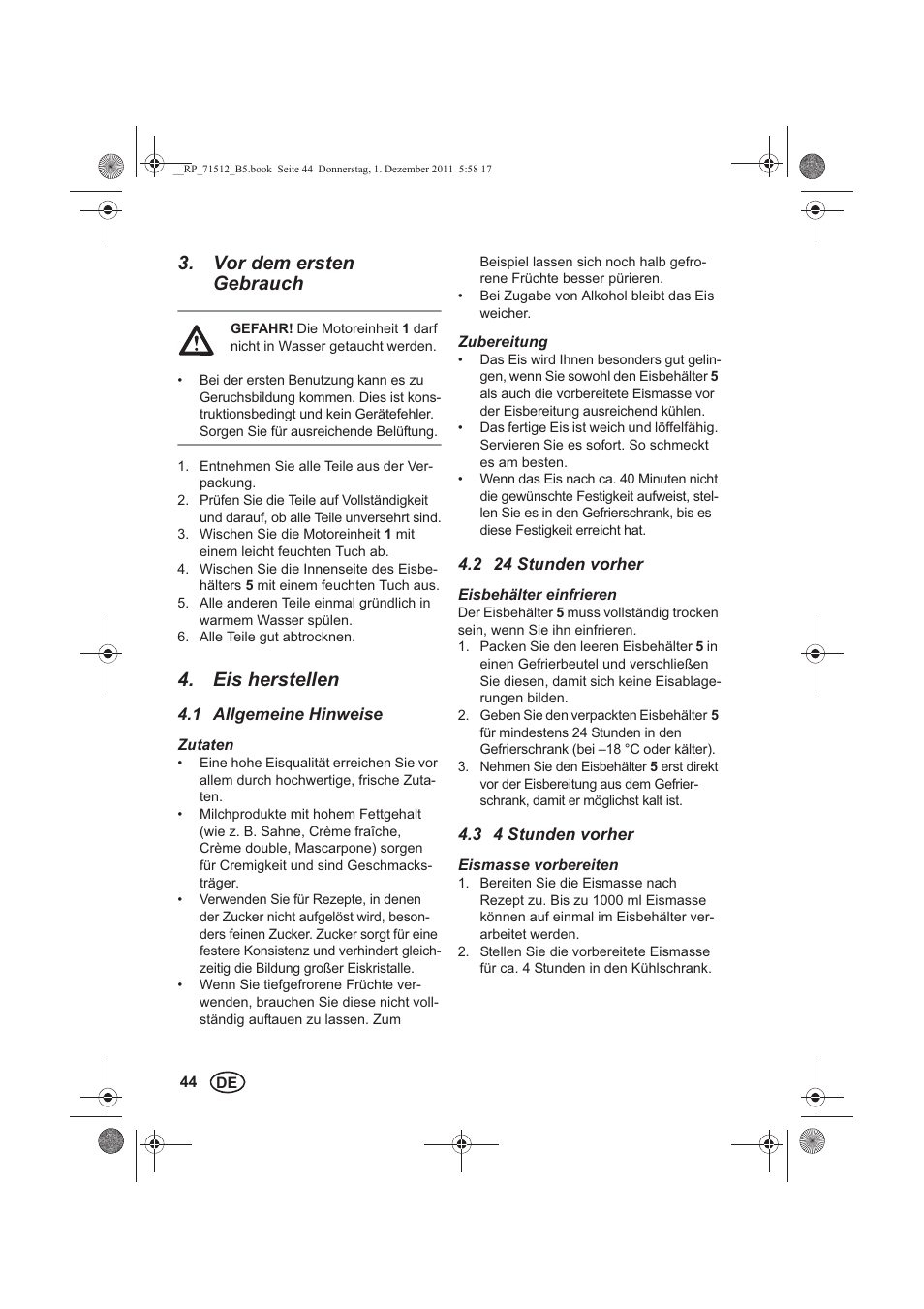 Vor dem ersten gebrauch, Eis herstellen | Silvercrest SECM 12 A1 User Manual | Page 46 / 54