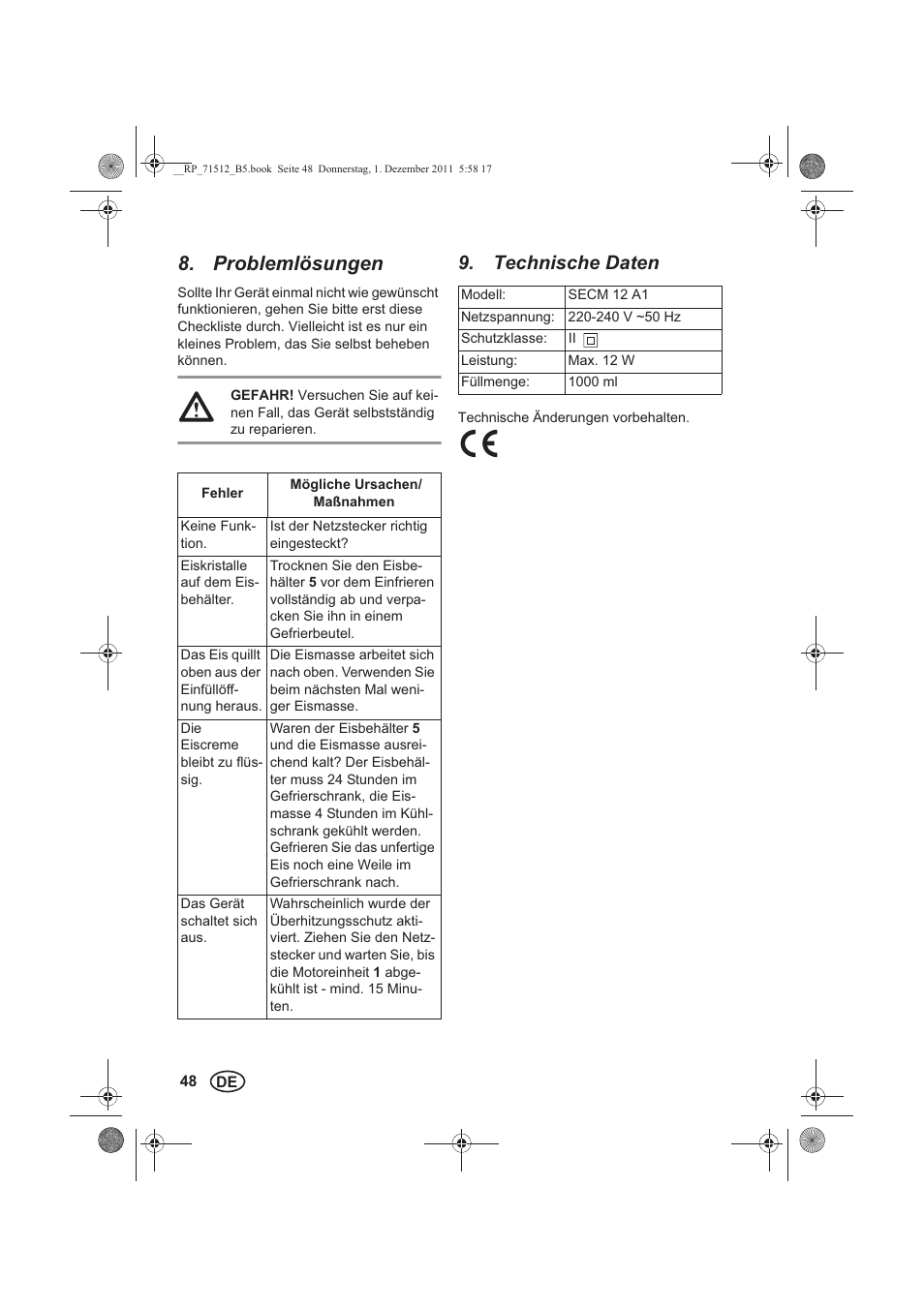 Problemlösungen, Technische daten | Silvercrest SECM 12 A1 User Manual | Page 50 / 54