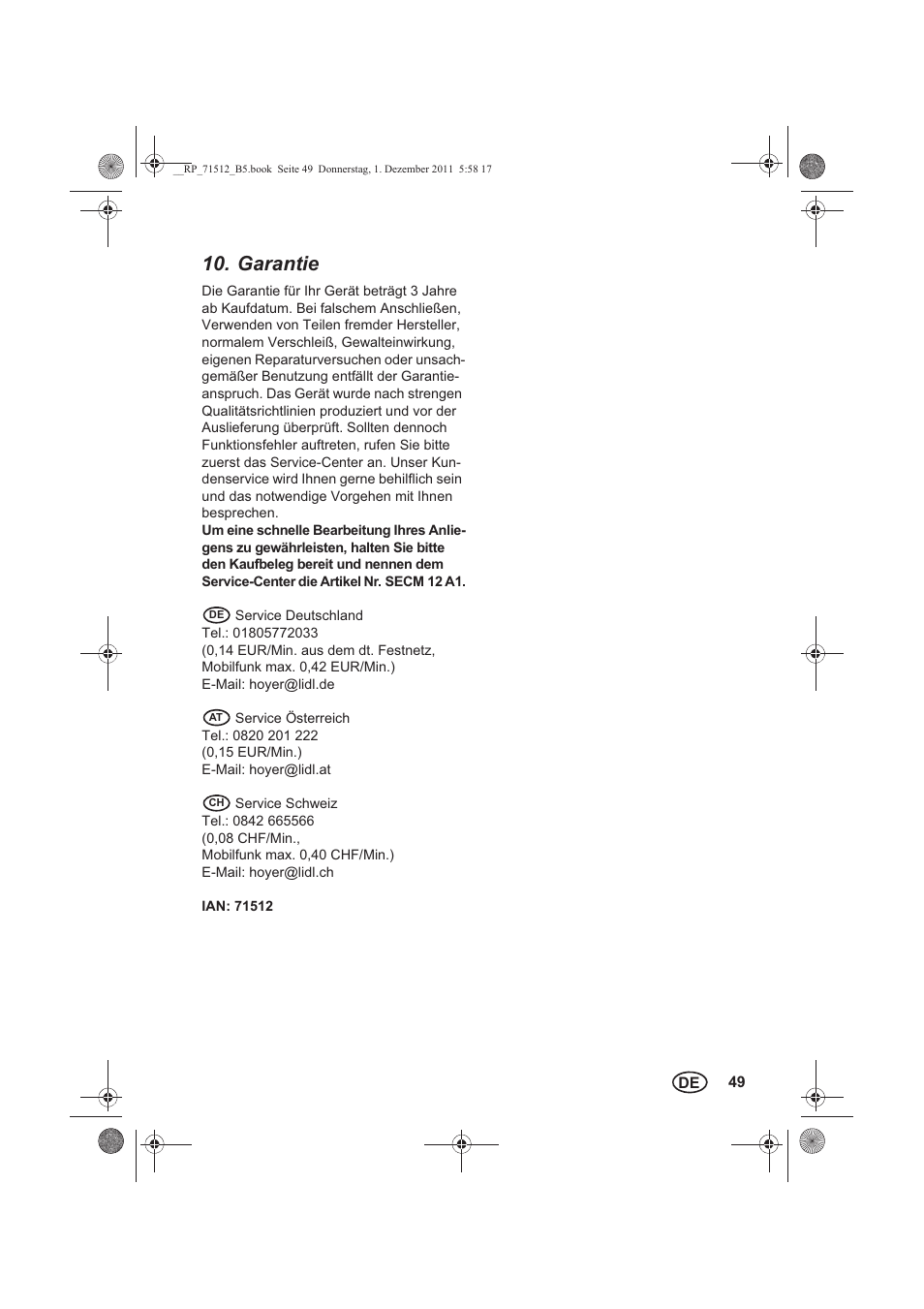 Garantie | Silvercrest SECM 12 A1 User Manual | Page 51 / 54