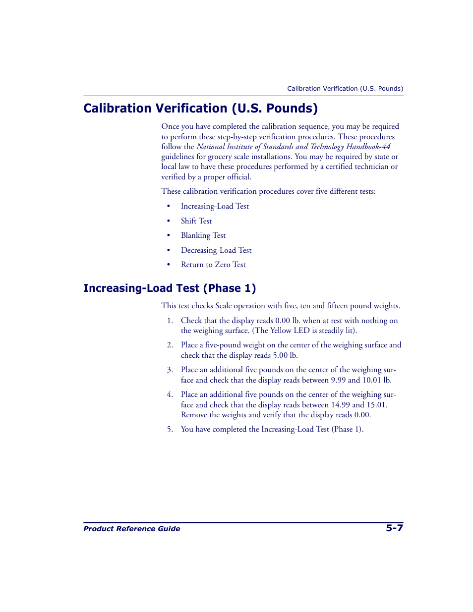 Calibration verification (u.s. pounds), Increasing-load test (phase 1), Calibration verification (u.s. pounds) -7 | Increasing-load test (phase 1) -7 | Datalogic Scanning 9500 User Manual | Page 107 / 460