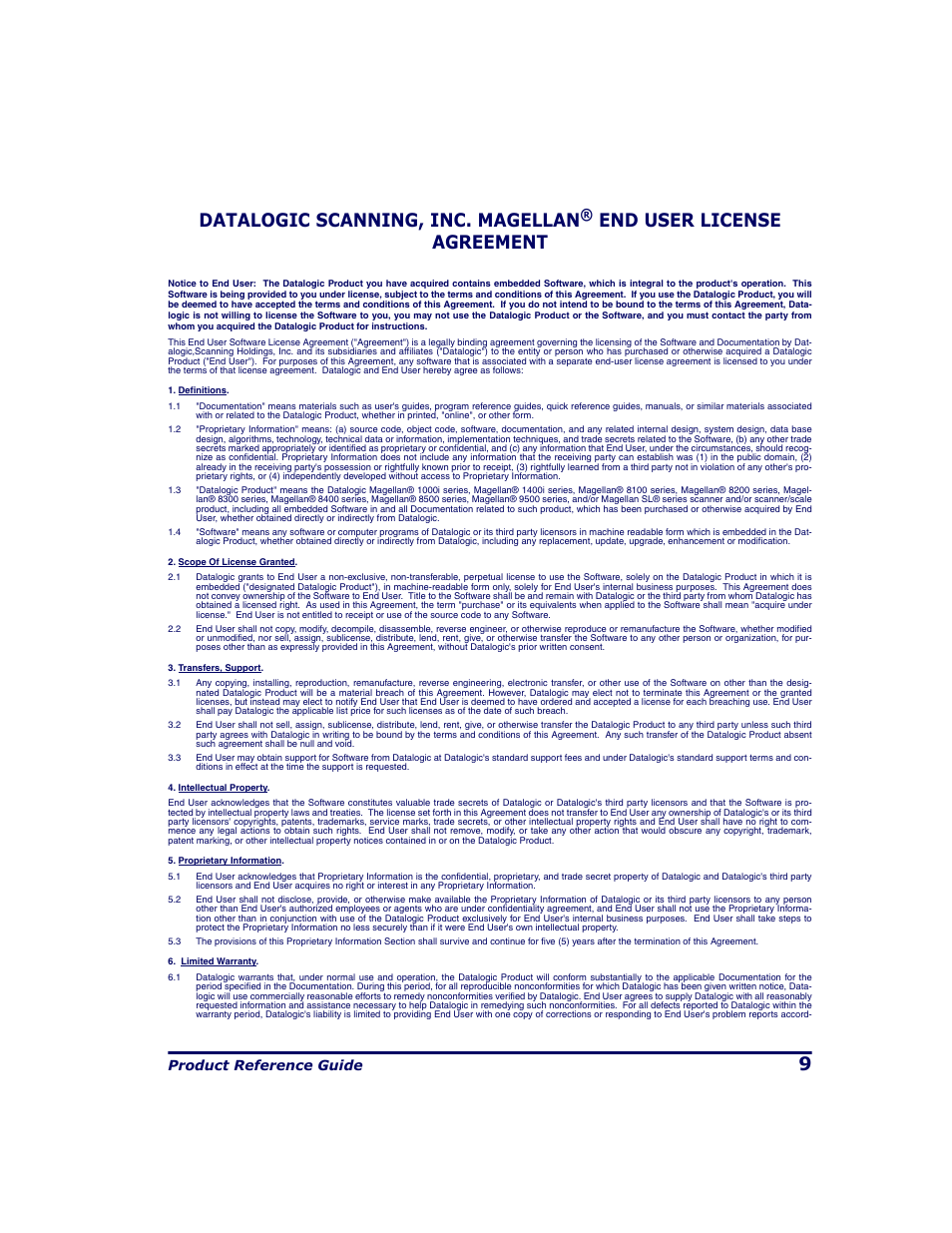 9datalogic scanning, inc. magellan, End user license agreement, Product reference guide | Datalogic Scanning 9500 User Manual | Page 11 / 460