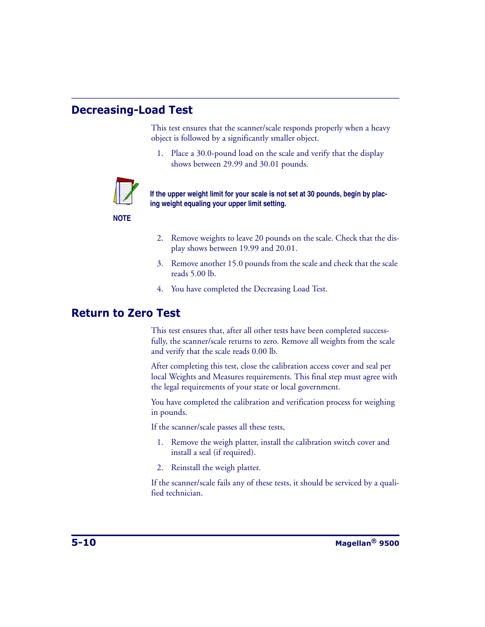 Decreasing-load test, Return to zero test, Decreasing-load test -10 return to zero test -10 | Datalogic Scanning 9500 User Manual | Page 110 / 460