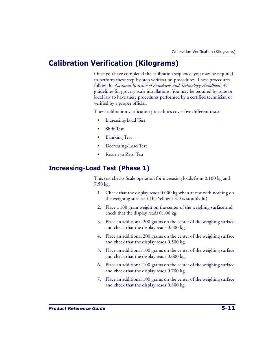 Calibration verification (kilograms), Increasing-load test (phase 1), Calibration verification (kilograms) -11 | Increasing-load test (phase 1) -11 | Datalogic Scanning 9500 User Manual | Page 111 / 460