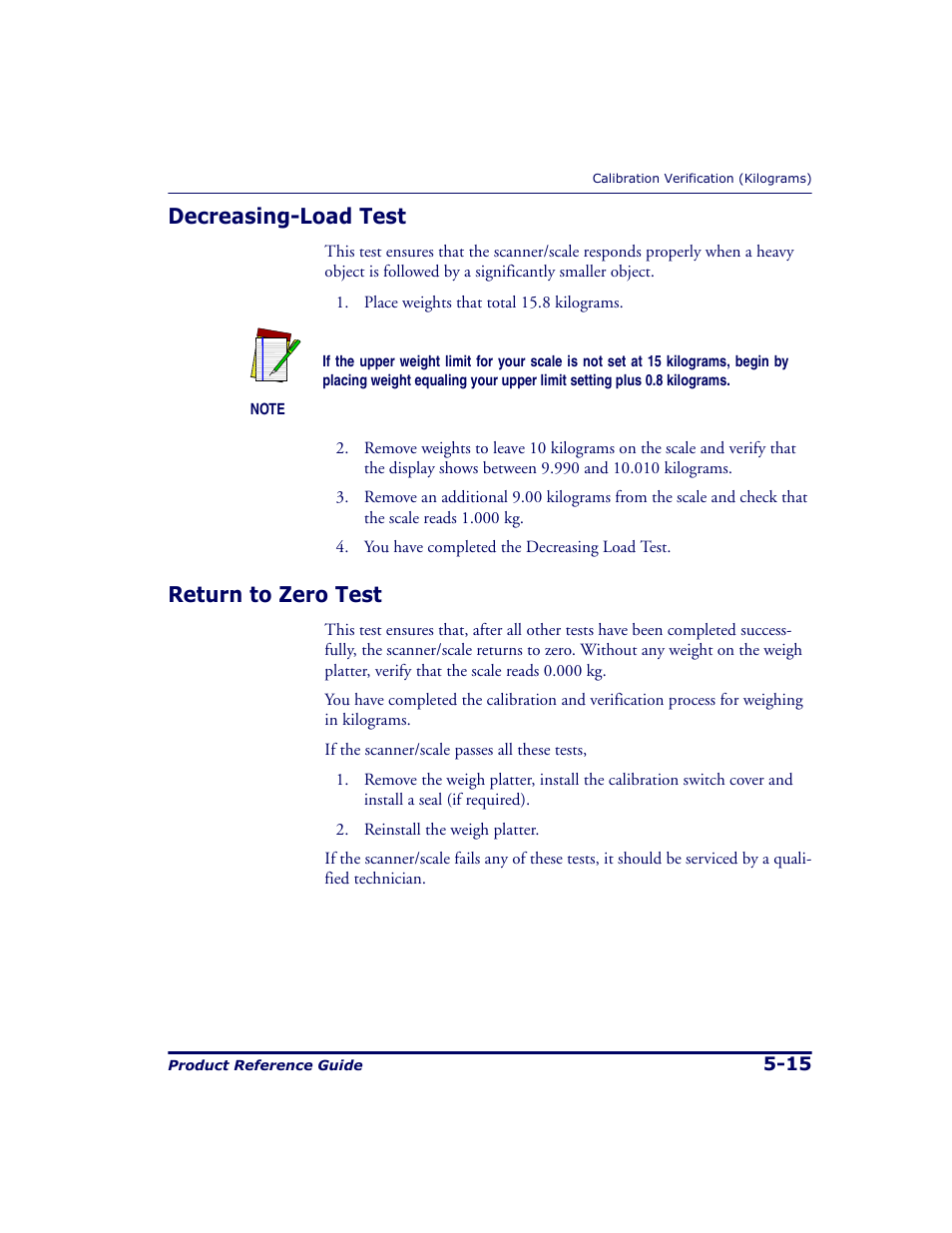 Decreasing-load test, Return to zero test, Decreasing-load test -15 return to zero test -15 | Datalogic Scanning 9500 User Manual | Page 115 / 460
