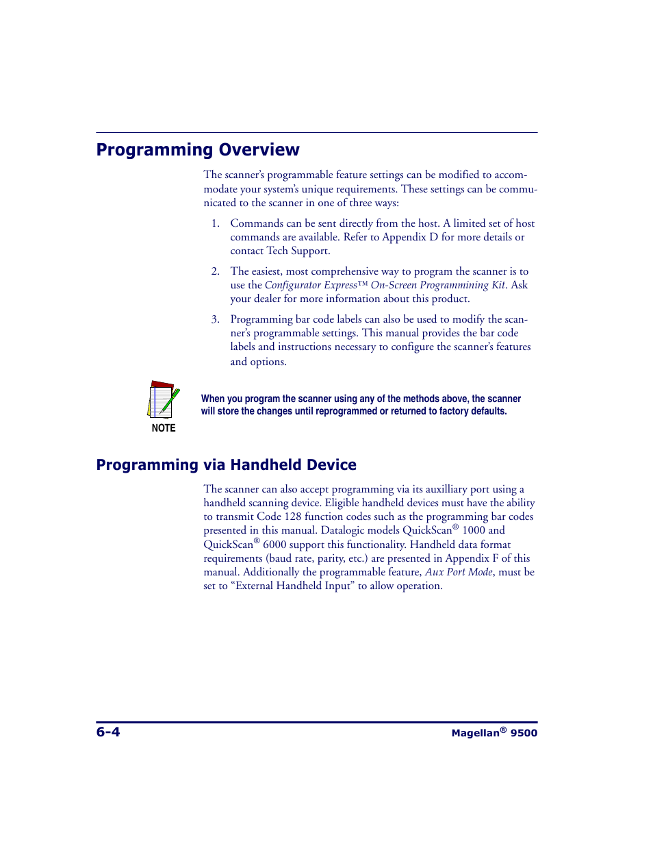 Programming overview, Programming via handheld device, Programming overview -4 | Programming via handheld device -4 | Datalogic Scanning 9500 User Manual | Page 120 / 460