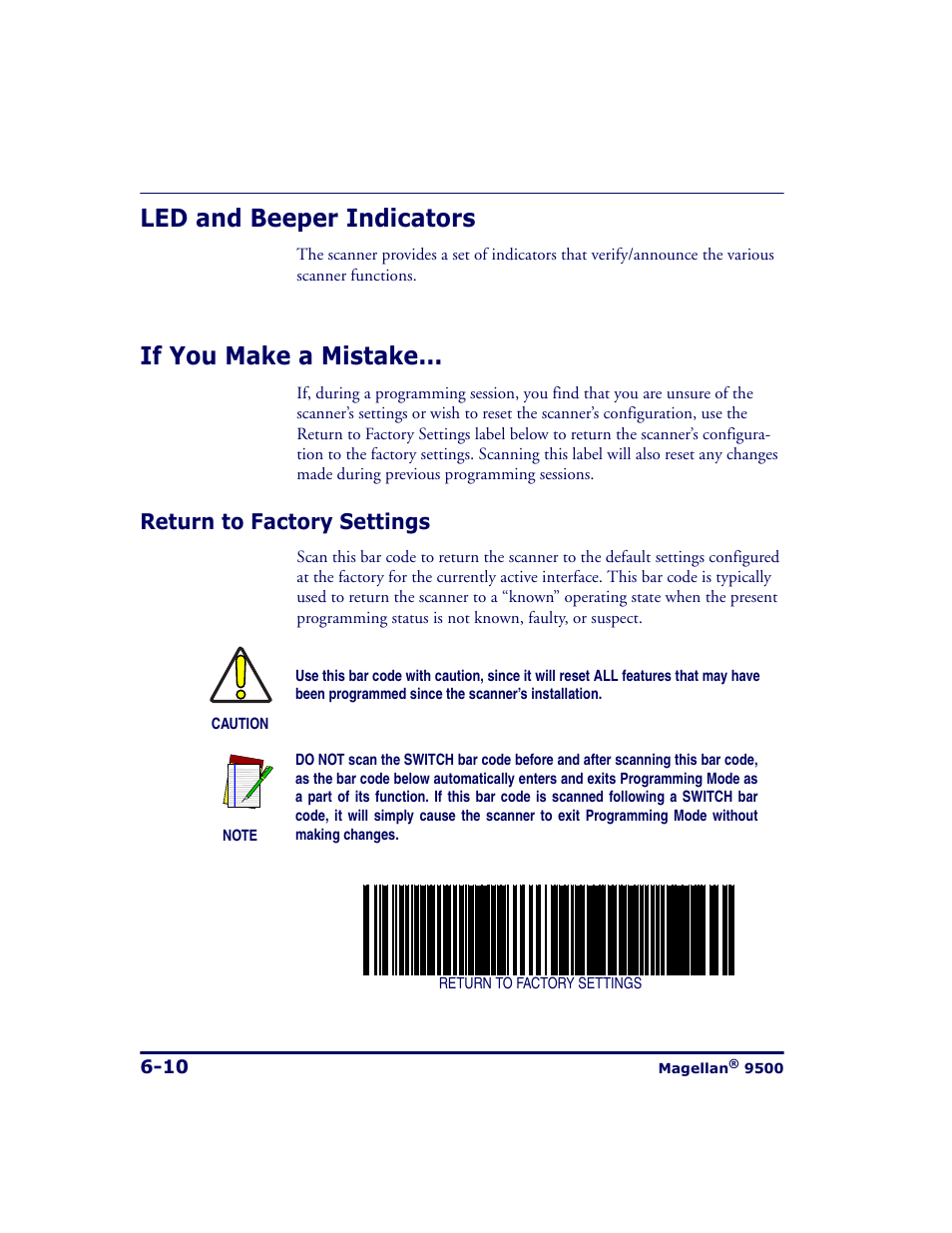 Led and beeper indicators, If you make a mistake, Return to factory settings | Return to factory settings -10 | Datalogic Scanning 9500 User Manual | Page 126 / 460