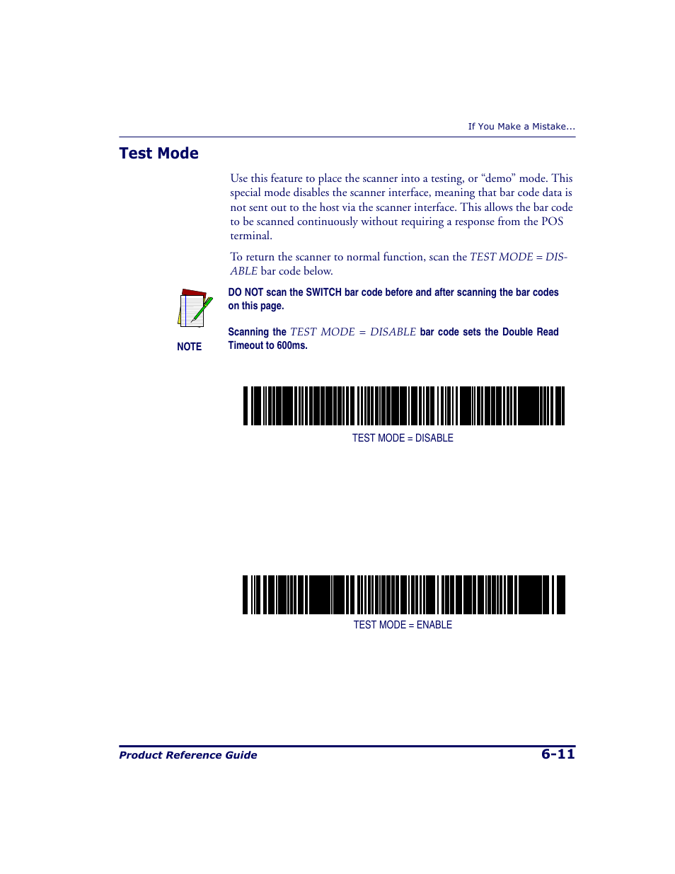 Test mode, Test mode -11 | Datalogic Scanning 9500 User Manual | Page 127 / 460