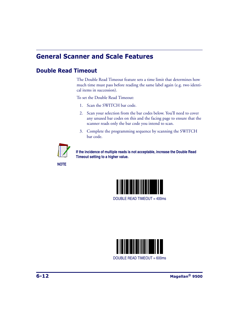 General scanner and scale features, Double read timeout, General scanner and scale features -12 | Double read timeout -12, General scanner and scale features — ar | Datalogic Scanning 9500 User Manual | Page 128 / 460