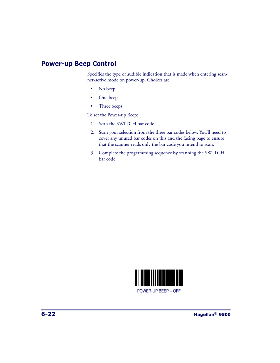 Power-up beep control, Power-up beep control -22 | Datalogic Scanning 9500 User Manual | Page 138 / 460