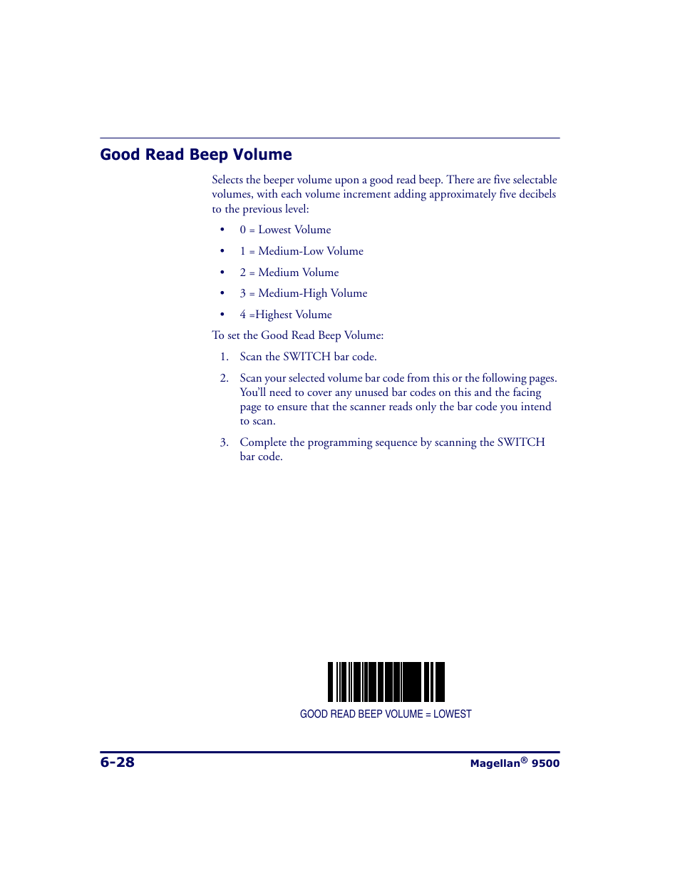 Good read beep volume, Good read beep volume -28 | Datalogic Scanning 9500 User Manual | Page 144 / 460