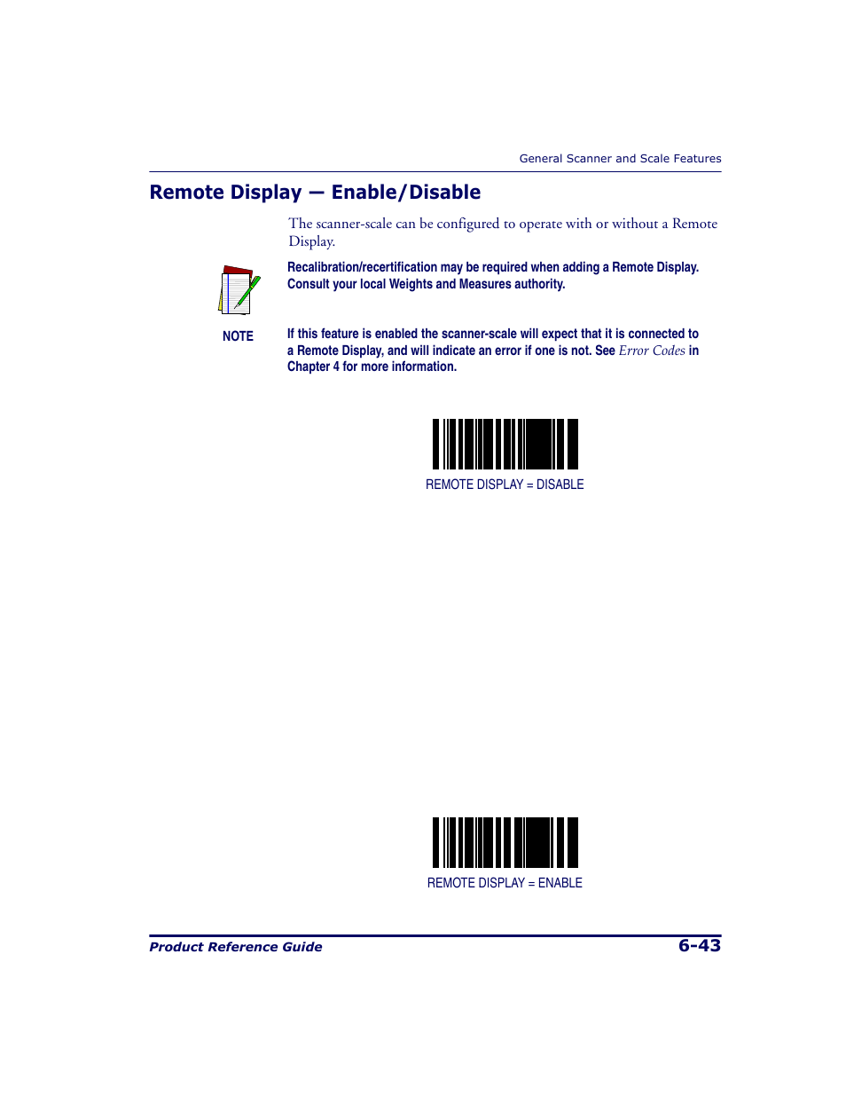 Remote display - enable/disable, Remote display — enable/disable -43, Remote display — enable/disable | Datalogic Scanning 9500 User Manual | Page 159 / 460