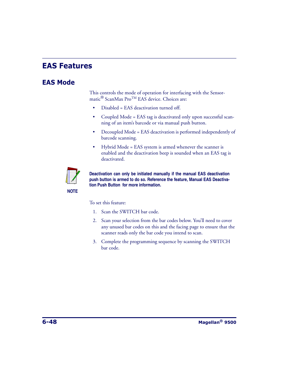 Eas features, Eas mode, Eas features -48 | Eas mode -48, Eas mode" in this manual), Eas features — contr | Datalogic Scanning 9500 User Manual | Page 164 / 460