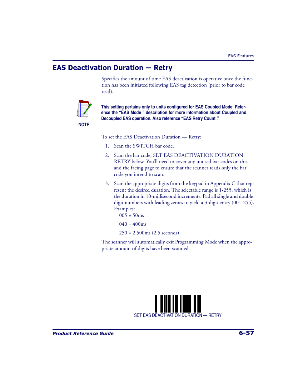 Eas deactivation duration - retry, Eas deactivation duration — retry -57, Eas deactivation duration — retry | Datalogic Scanning 9500 User Manual | Page 173 / 460