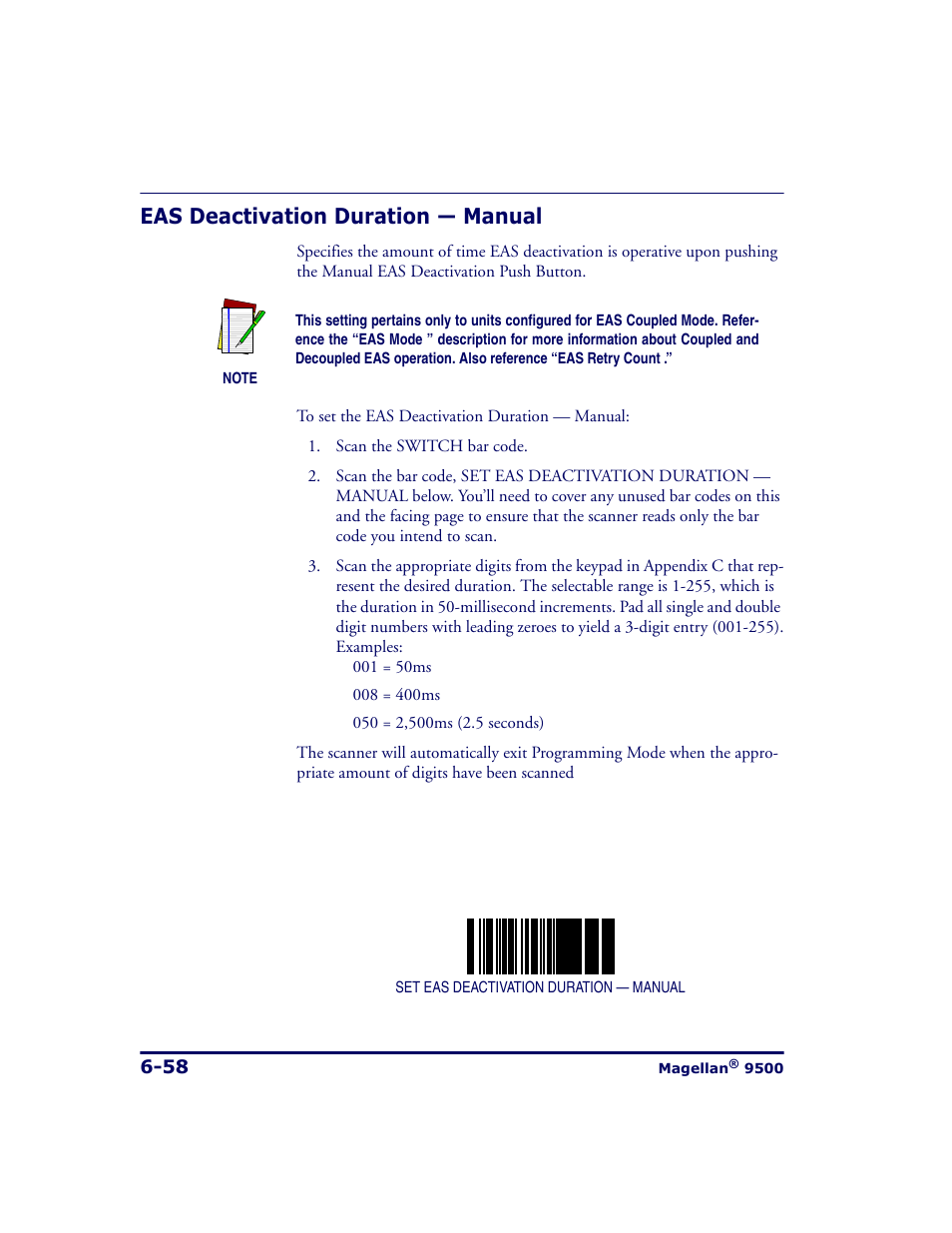 Eas deactivation duration - manual, Eas deactivation duration — manual -58, Eas deactivation duration — manual | Datalogic Scanning 9500 User Manual | Page 174 / 460