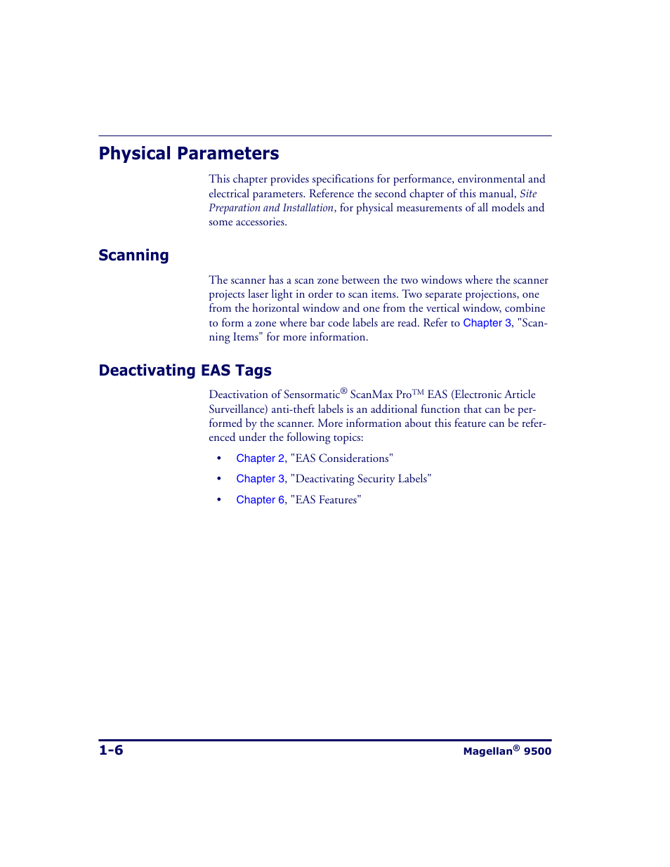Physical parameters, Scanning, Deactivating eas tags | Physical parameters -6, Scanning -6 deactivating eas tags -6 | Datalogic Scanning 9500 User Manual | Page 18 / 460