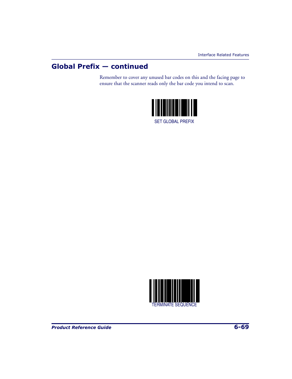 Set global prefix, Scanning the, Terminate | Sequence, Bar code, Global prefix — continued | Datalogic Scanning 9500 User Manual | Page 185 / 460