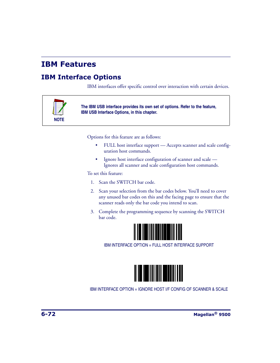 Ibm features, Ibm interface options, Ibm features -72 | Ibm interface options -72 | Datalogic Scanning 9500 User Manual | Page 188 / 460