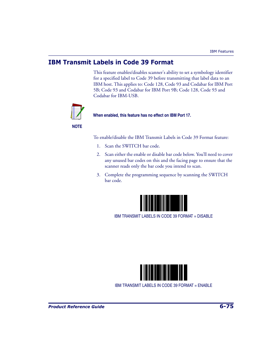 Ibm transmit labels in code 39 format, Ibm transmit labels in code 39 format -75 | Datalogic Scanning 9500 User Manual | Page 191 / 460