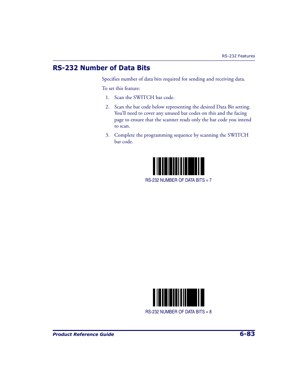 Rs-232 number of data bits, Rs-232 number of data bits -83 | Datalogic Scanning 9500 User Manual | Page 199 / 460