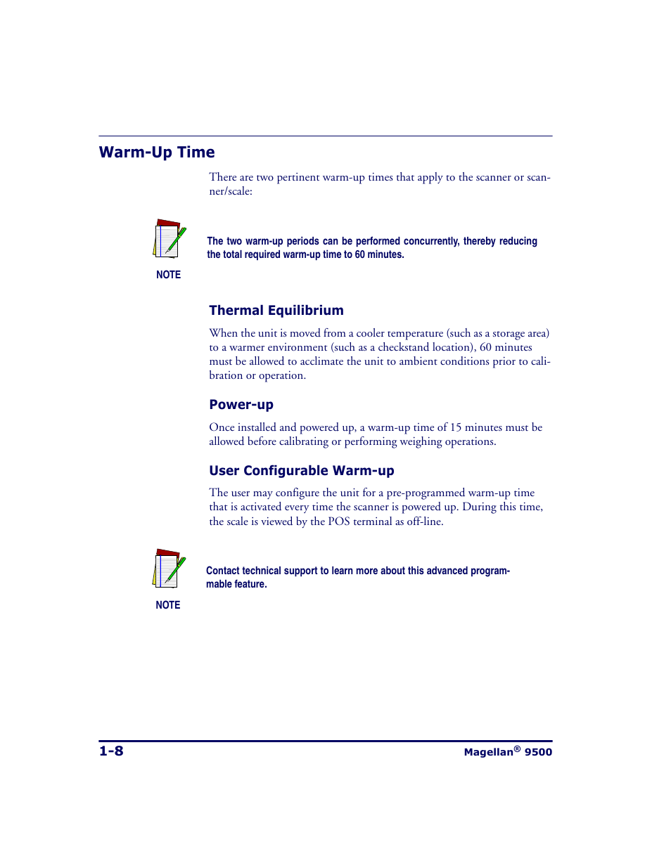 Warm-up time, Warm-up time -8 | Datalogic Scanning 9500 User Manual | Page 20 / 460