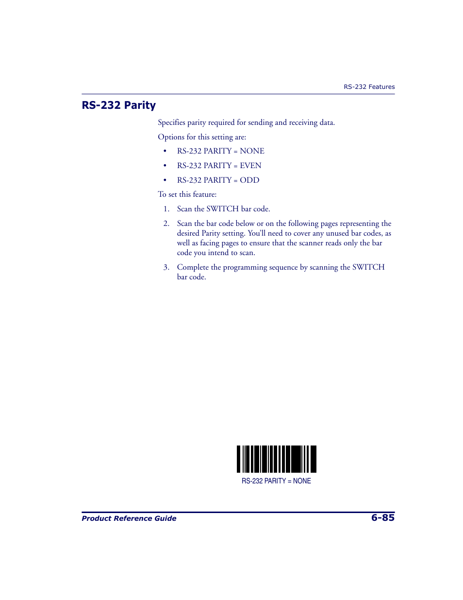 Rs-232 parity, Rs-232 parity -85 | Datalogic Scanning 9500 User Manual | Page 201 / 460