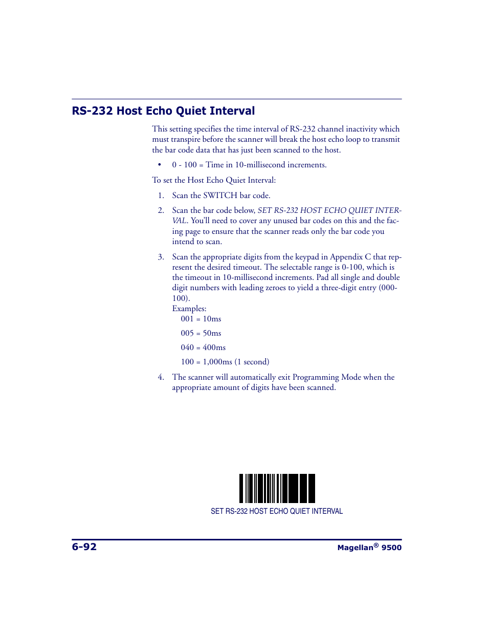 Rs-232 host echo quiet interval, Rs-232 host echo quiet interval -92, For a specified period of time (set via | Datalogic Scanning 9500 User Manual | Page 208 / 460