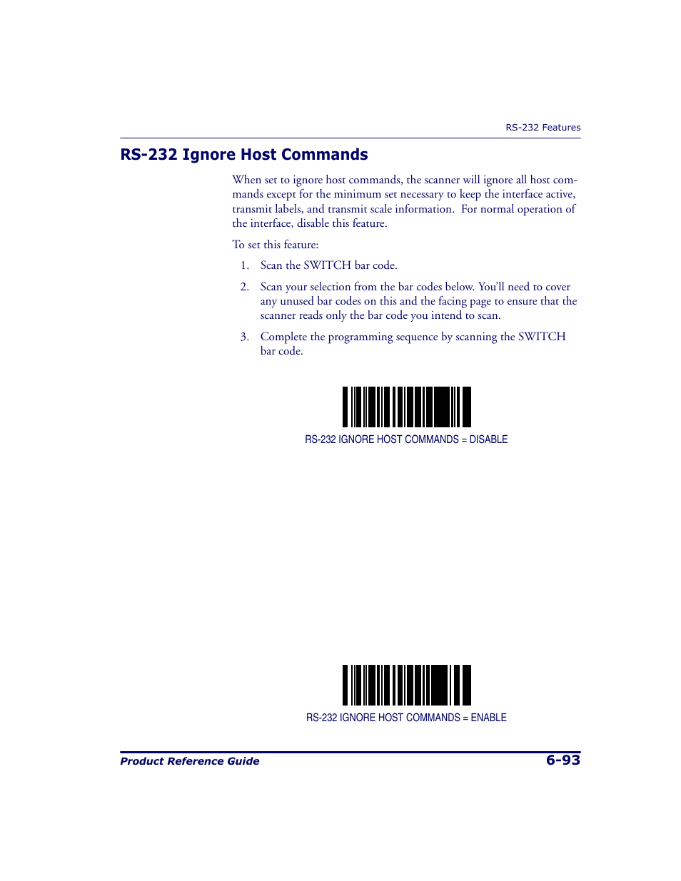 Rs-232 ignore host commands, Rs-232 ignore host commands -93 | Datalogic Scanning 9500 User Manual | Page 209 / 460