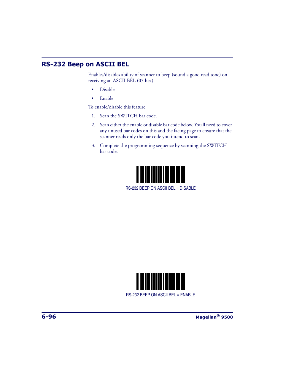 Rs-232 beep on ascii bel, Rs-232 beep on ascii bel -96 | Datalogic Scanning 9500 User Manual | Page 212 / 460
