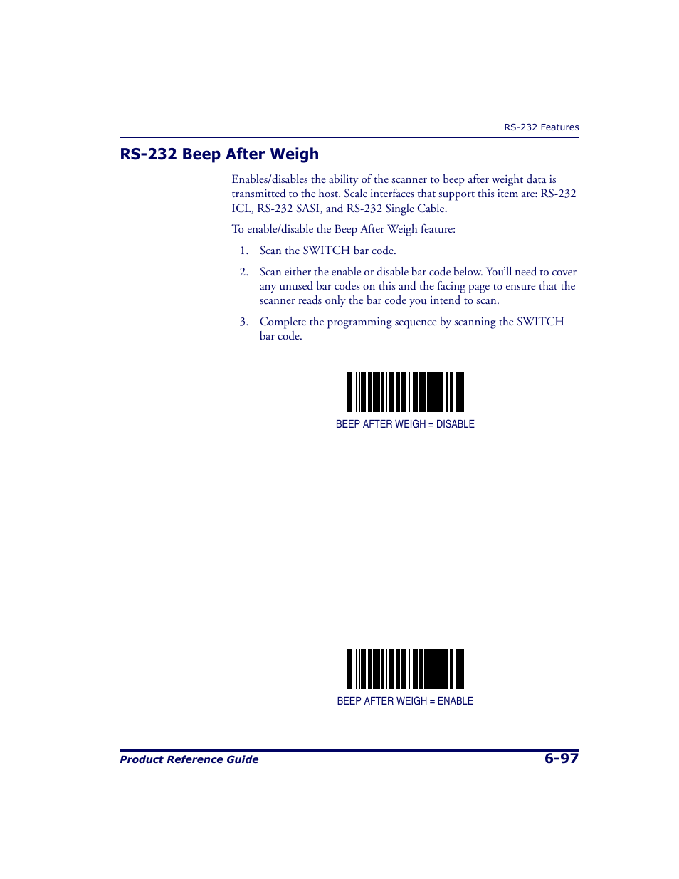 Rs-232 beep after weigh, Rs-232 beep after weigh -97 | Datalogic Scanning 9500 User Manual | Page 213 / 460