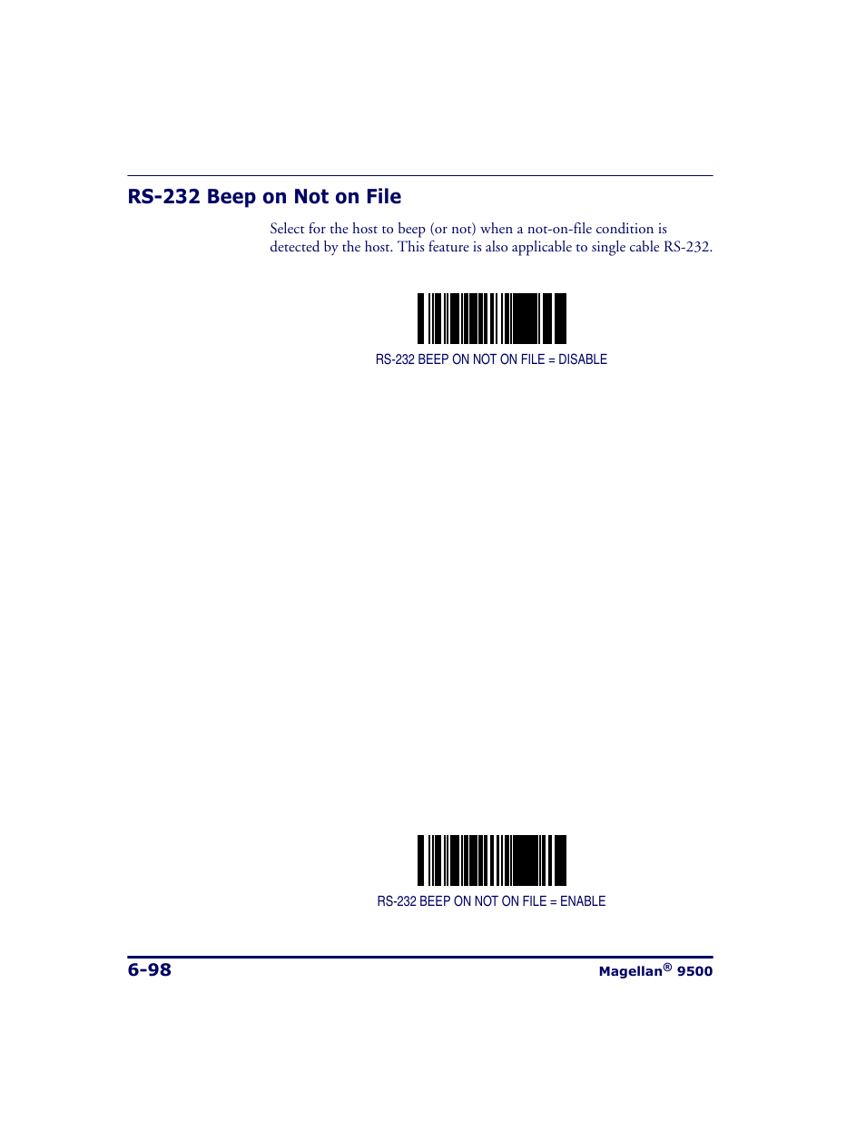 Rs-232 beep on not on file, Rs-232 beep on not on file -98 | Datalogic Scanning 9500 User Manual | Page 214 / 460