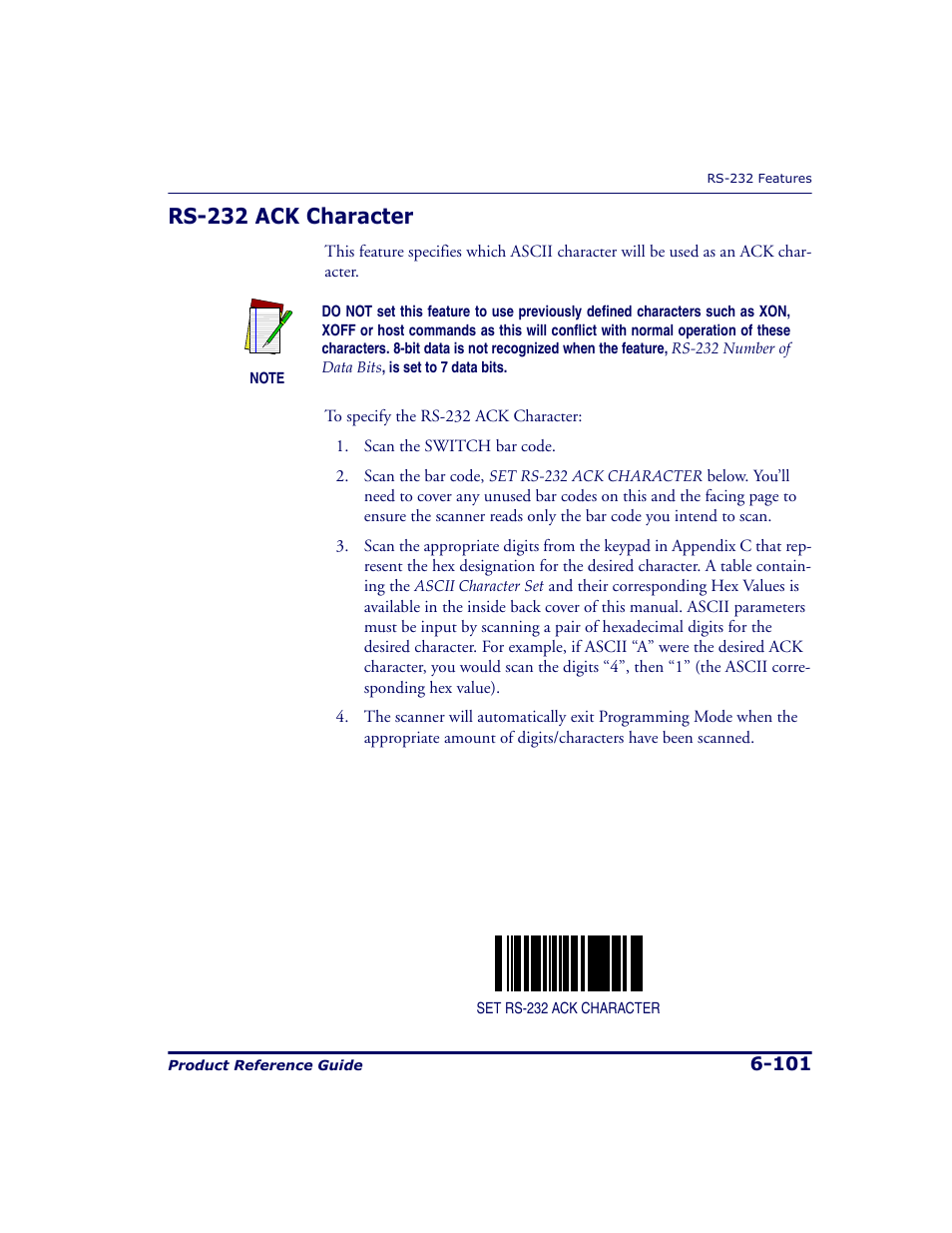 Rs-232 ack character, Rs-232 ack character -101 | Datalogic Scanning 9500 User Manual | Page 217 / 460