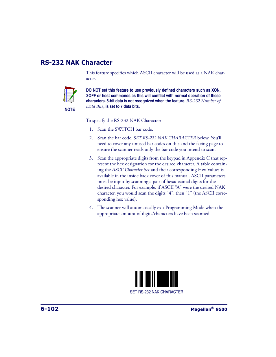 Rs-232 nak character, Rs-232 nak character -102 | Datalogic Scanning 9500 User Manual | Page 218 / 460