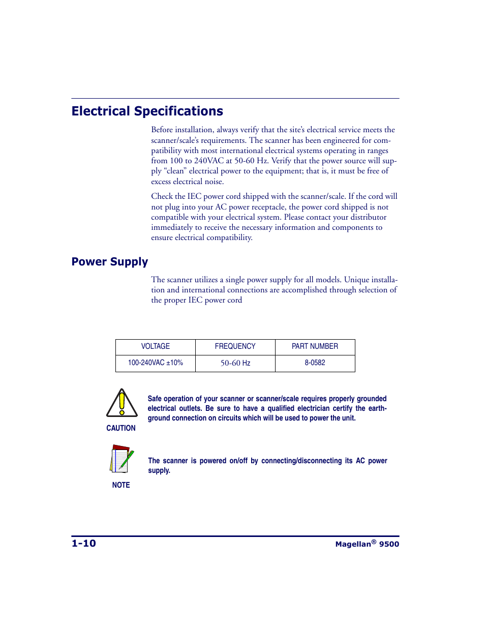 Electrical specifications, Power supply, Electrical specifications -10 | Power supply -10 | Datalogic Scanning 9500 User Manual | Page 22 / 460