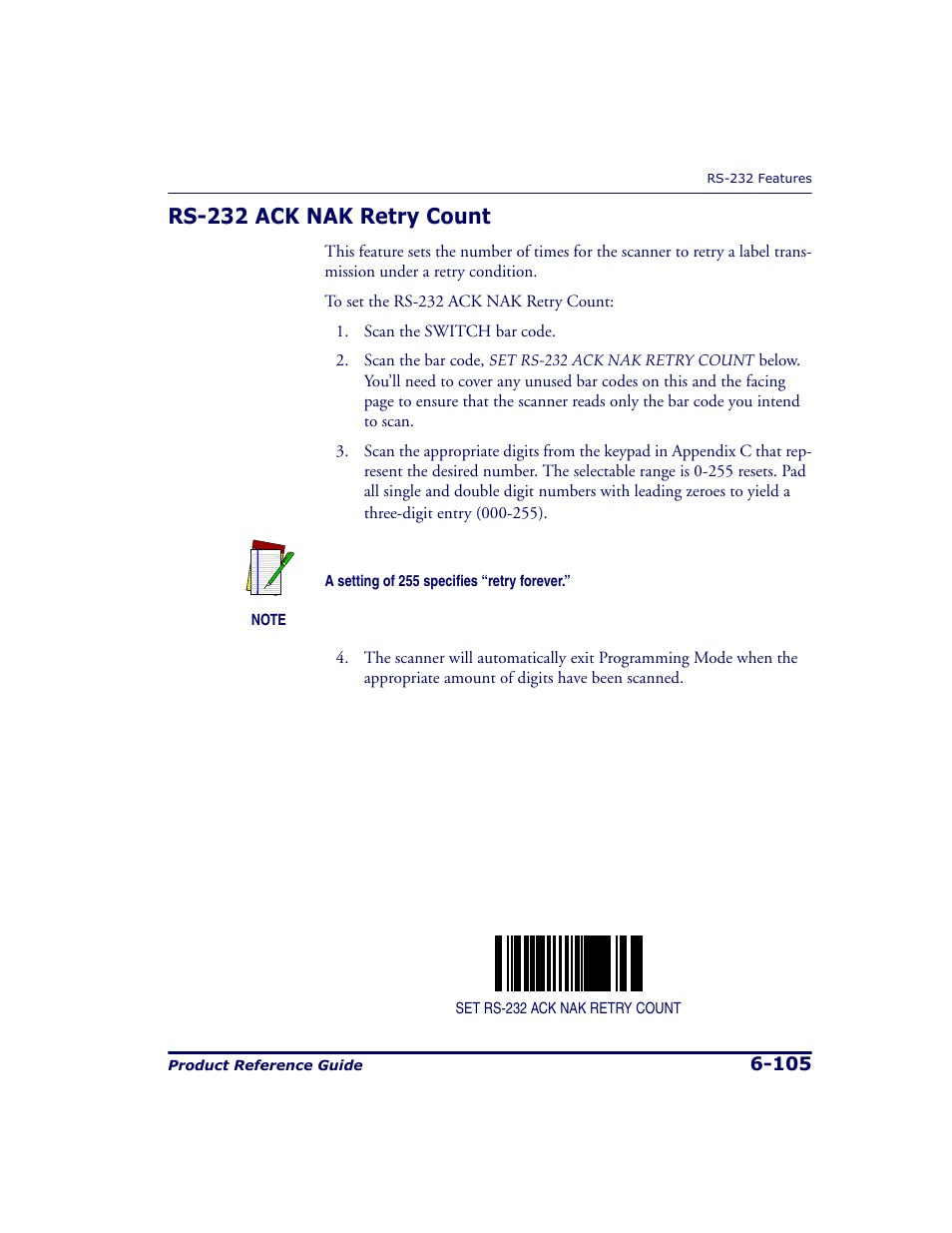 Rs-232 ack nak retry count, Rs-232 ack nak retry count -105 | Datalogic Scanning 9500 User Manual | Page 221 / 460