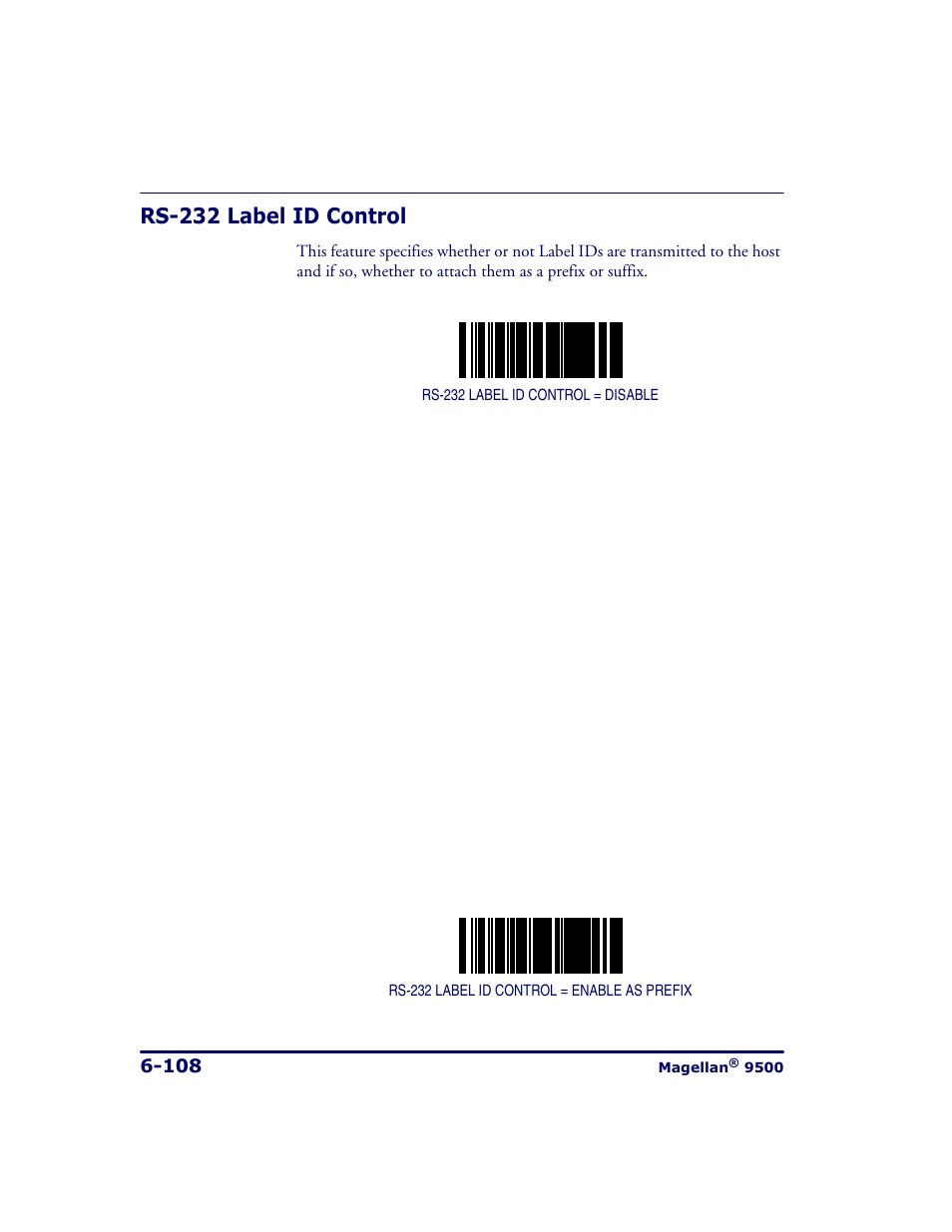 Rs-232 label id control, Rs-232 label id control -108 | Datalogic Scanning 9500 User Manual | Page 224 / 460