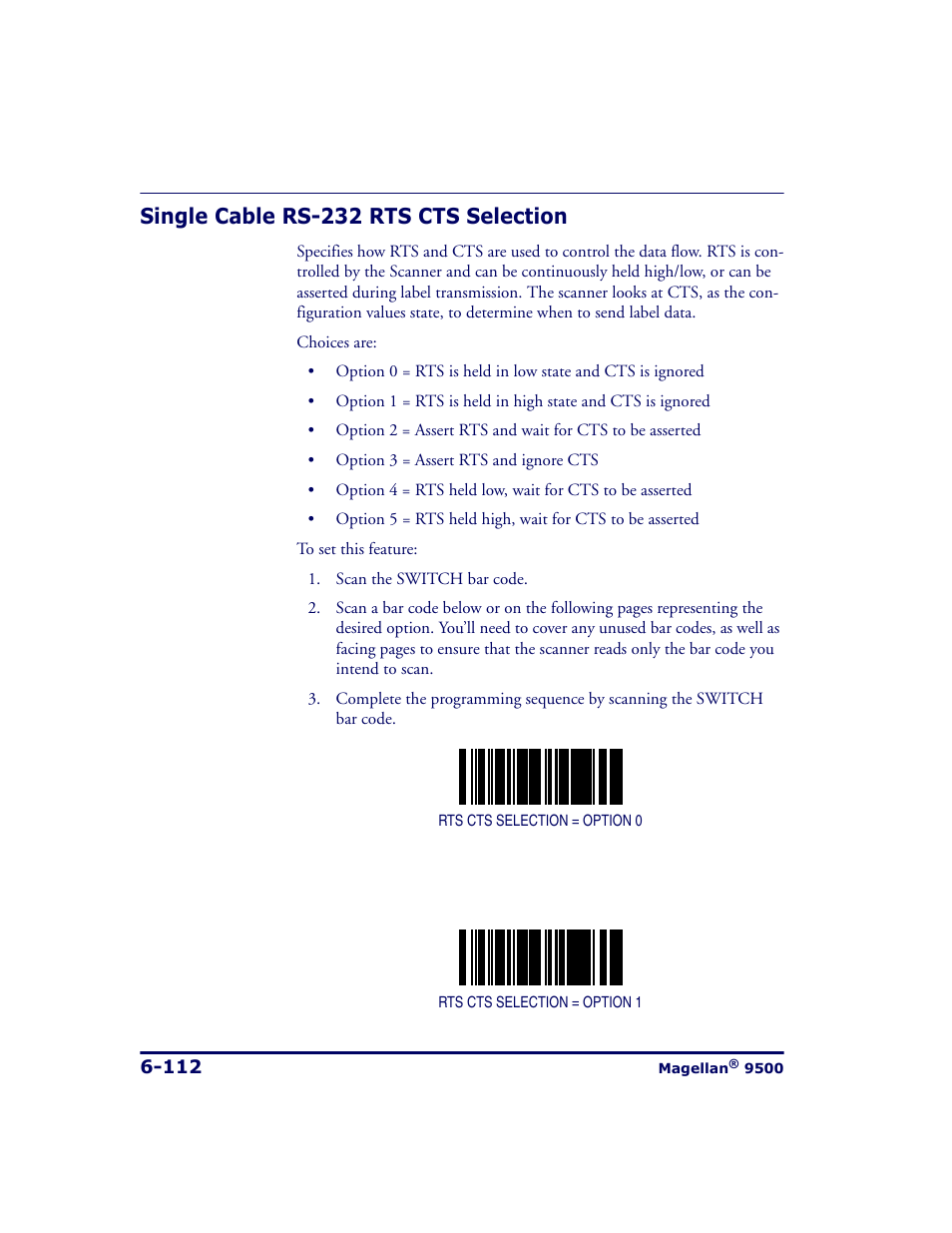 Single cable rs-232 rts cts selection, Single cable rs-232 rts cts selection -112 | Datalogic Scanning 9500 User Manual | Page 228 / 460