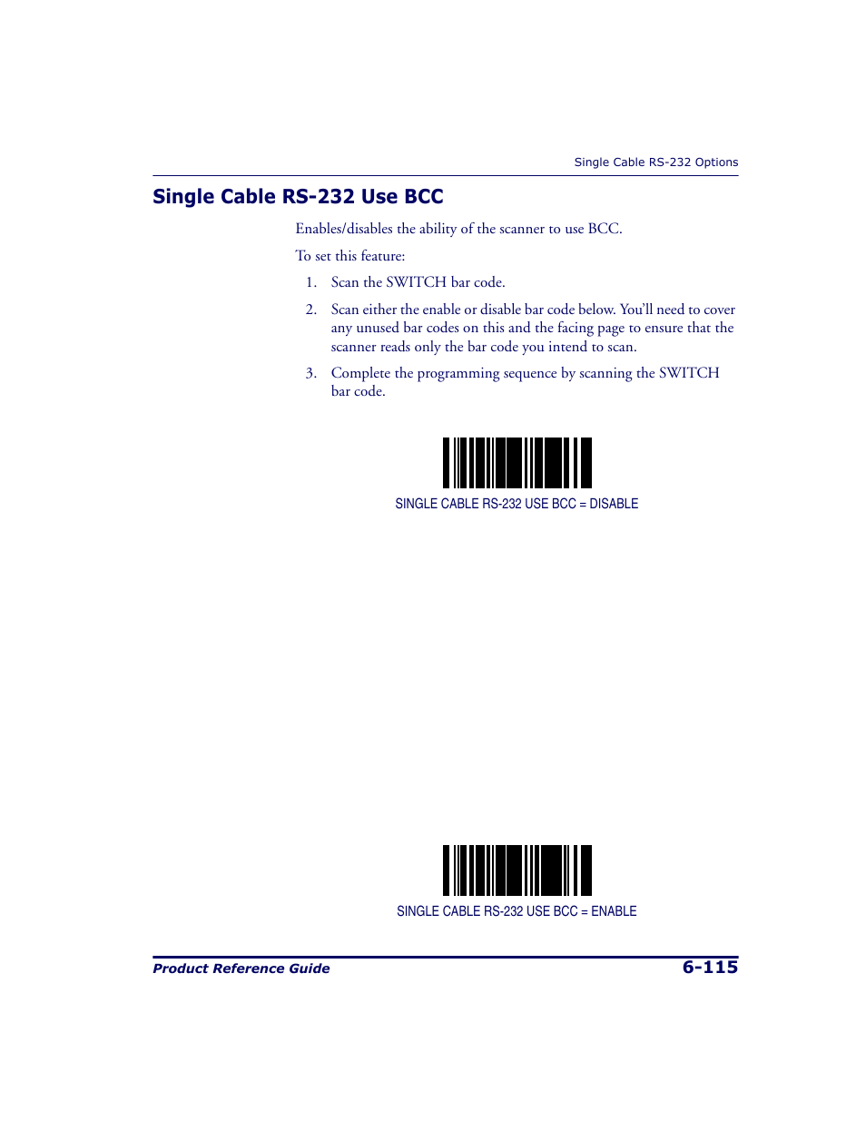 Single cable rs-232 use bcc, Single cable rs-232 use bcc -115 | Datalogic Scanning 9500 User Manual | Page 231 / 460