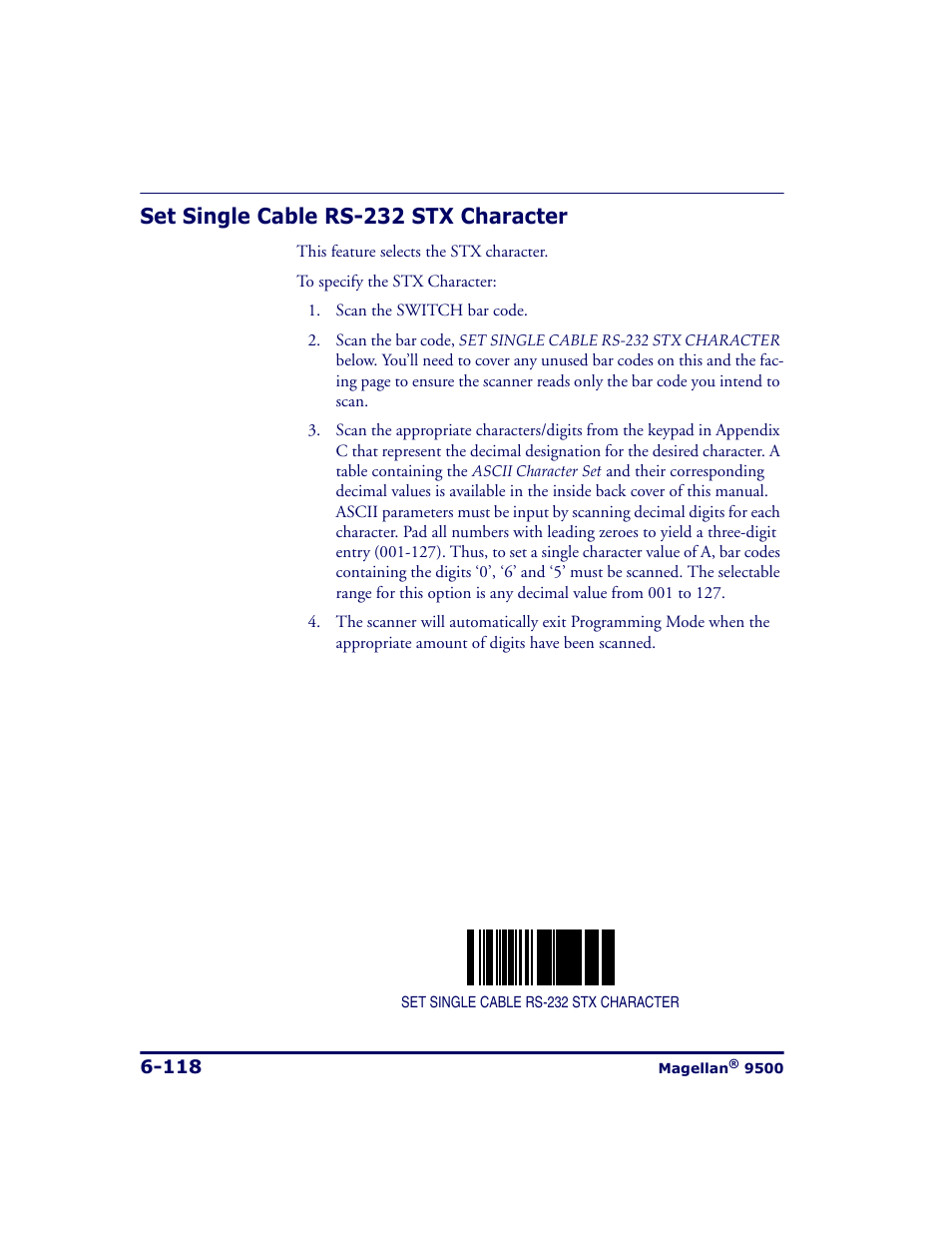 Set single cable rs-232 stx character, Set single cable rs-232 stx character -118 | Datalogic Scanning 9500 User Manual | Page 234 / 460