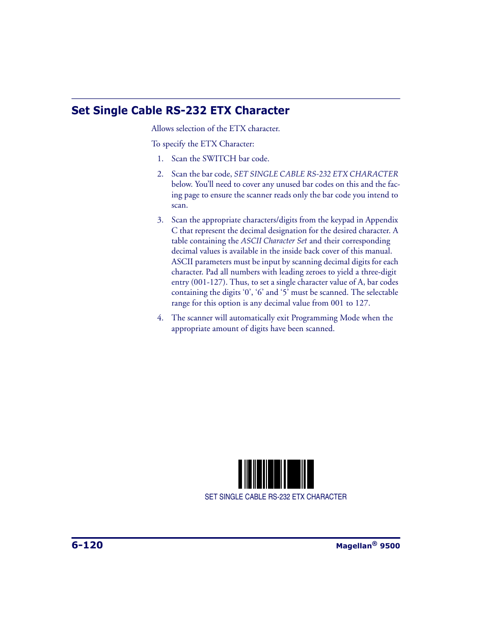 Set single cable rs-232 etx character, Set single cable rs-232 etx character -120 | Datalogic Scanning 9500 User Manual | Page 236 / 460