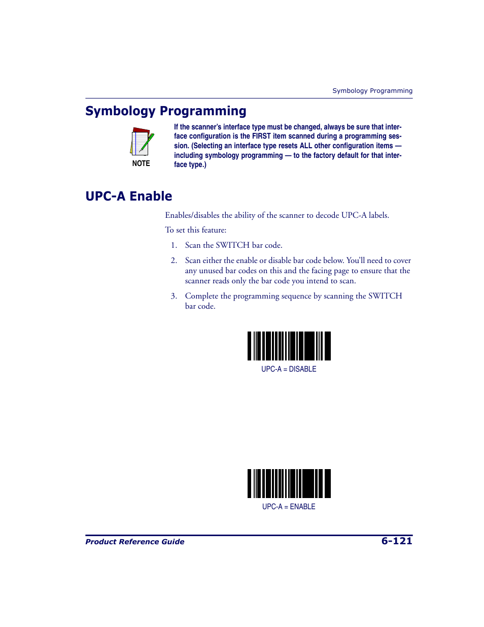 Symbology programming, Upc-a enable, Symbology programming -121 | Upc-a enable -121, Symbology programming upc-a enable | Datalogic Scanning 9500 User Manual | Page 237 / 460