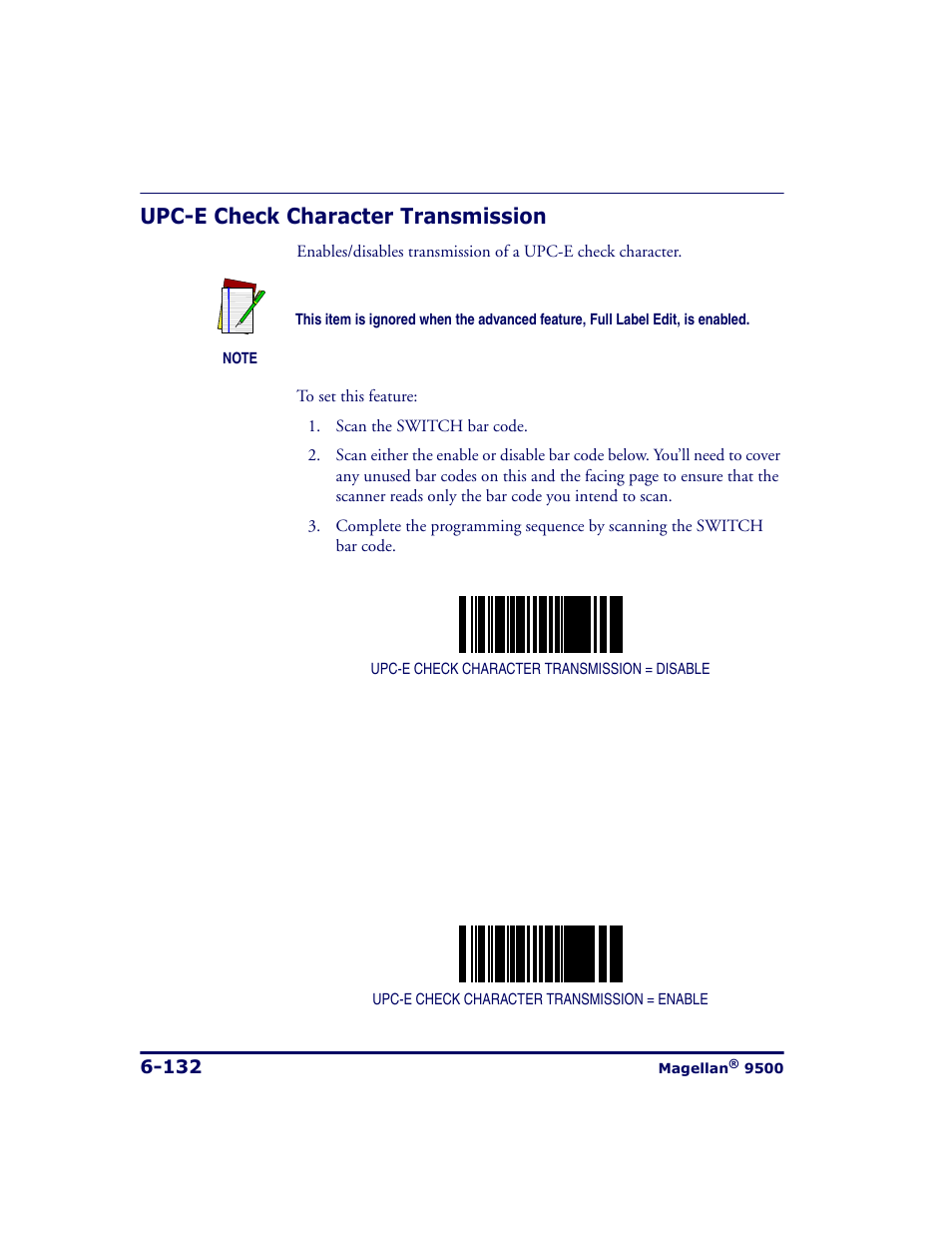 Upc-e check character transmission, Upc-e check character transmission -132 | Datalogic Scanning 9500 User Manual | Page 248 / 460