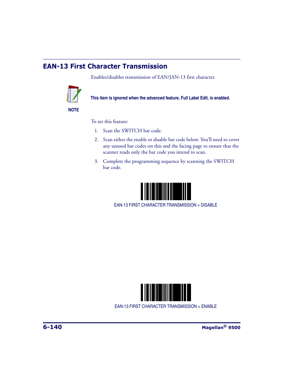 Ean-13 first character transmission, Ean-13 first character transmission -140 | Datalogic Scanning 9500 User Manual | Page 256 / 460