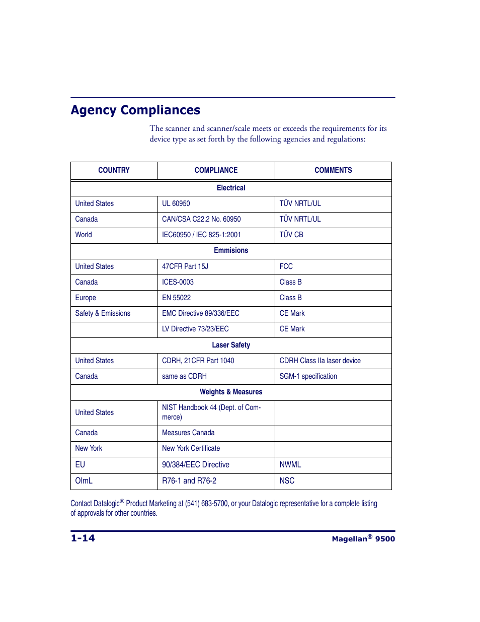 Agency compliances, Agency compliances -14 | Datalogic Scanning 9500 User Manual | Page 26 / 460