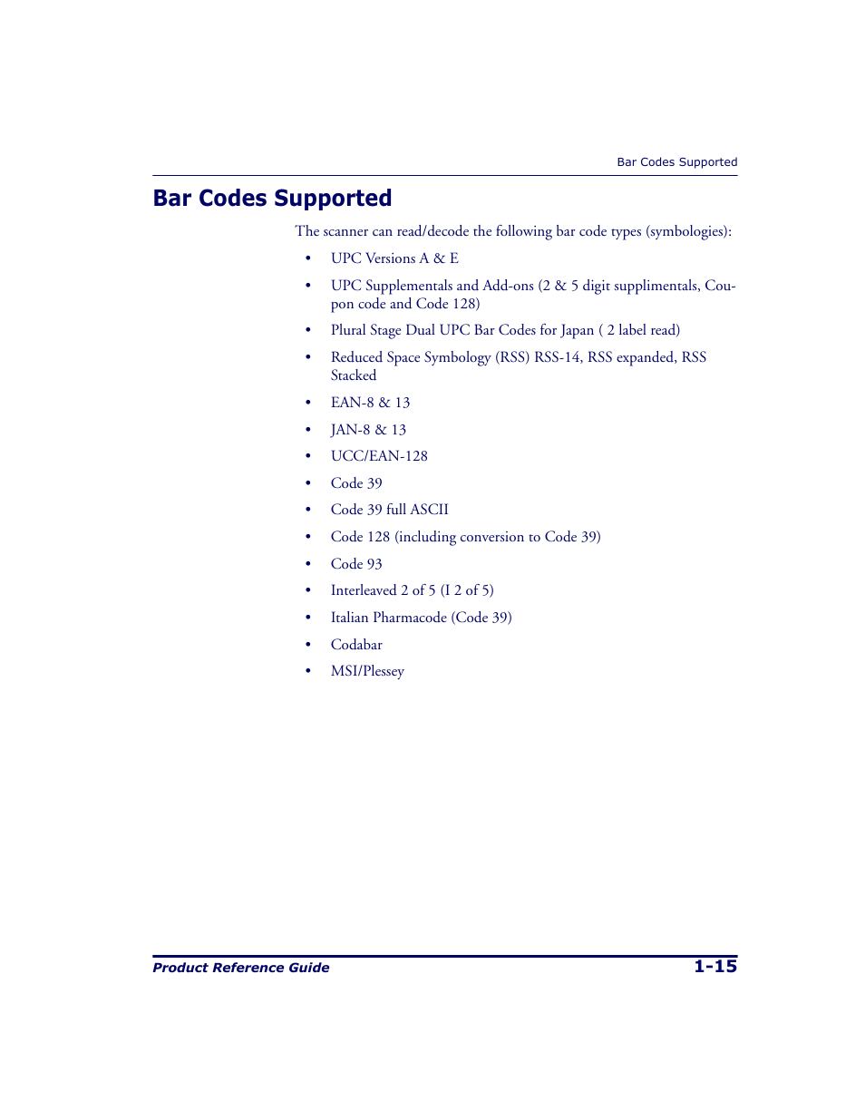 Bar codes supported, Bar codes supported -15 | Datalogic Scanning 9500 User Manual | Page 27 / 460