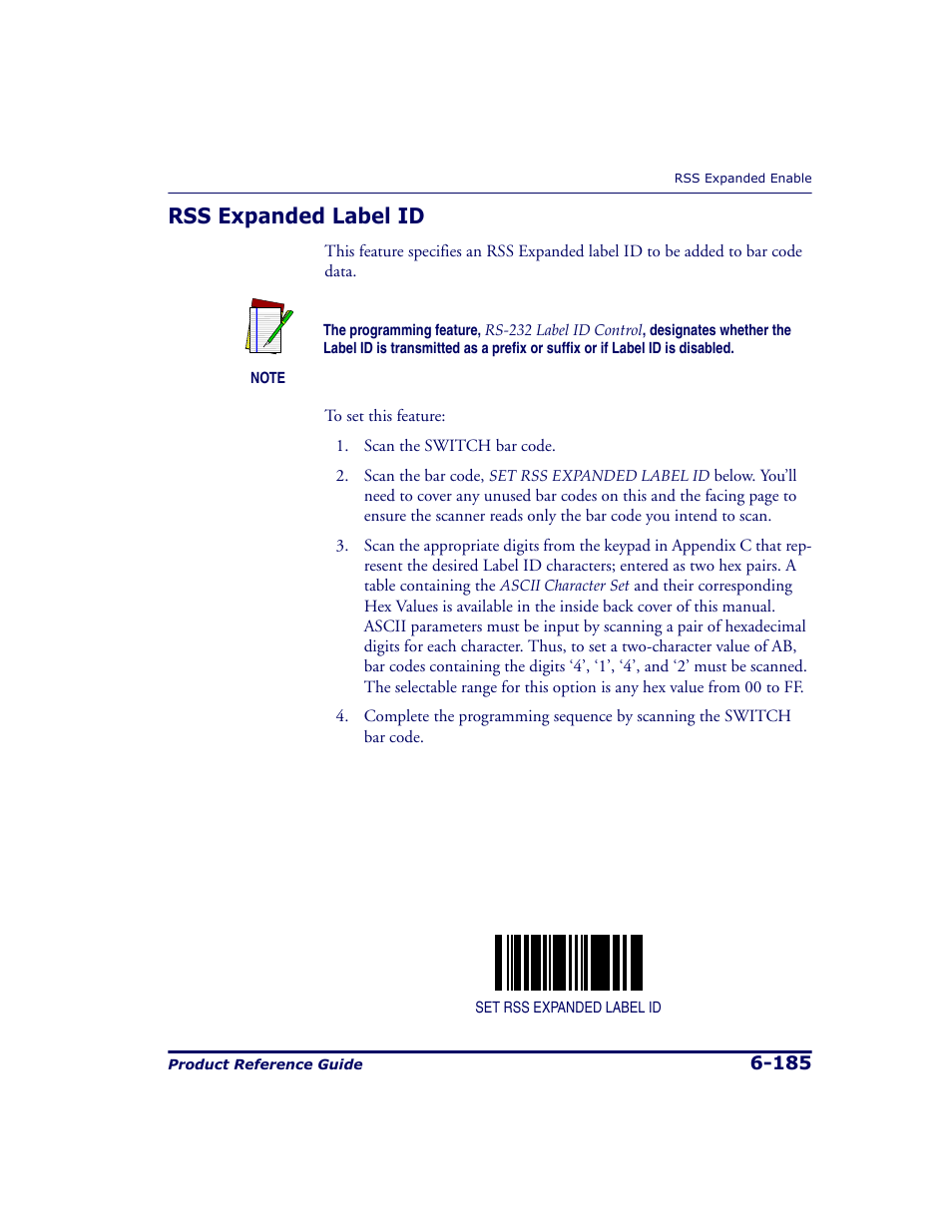 Rss expanded label id, Rss expanded label id -185 | Datalogic Scanning 9500 User Manual | Page 301 / 460