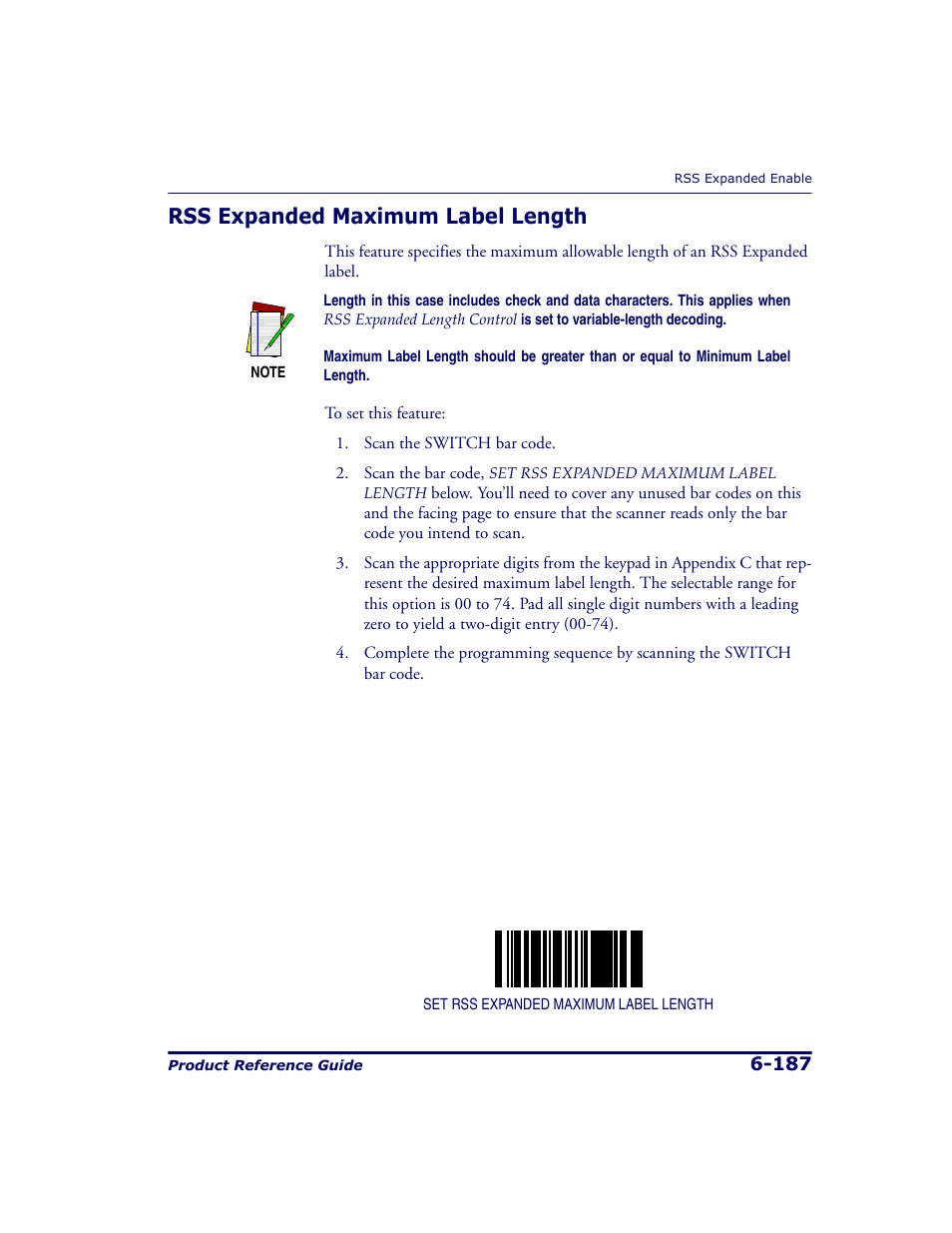 Rss expanded maximum label length, Rss expanded maximum label length -187, Expanded maximum label length | Datalogic Scanning 9500 User Manual | Page 303 / 460