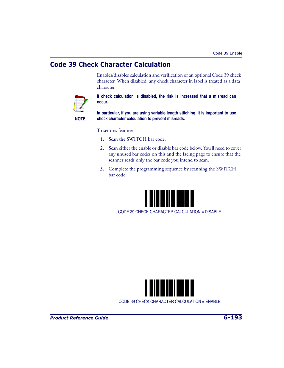 Code 39 check character calculation, Code 39 check character calculation -193 | Datalogic Scanning 9500 User Manual | Page 309 / 460