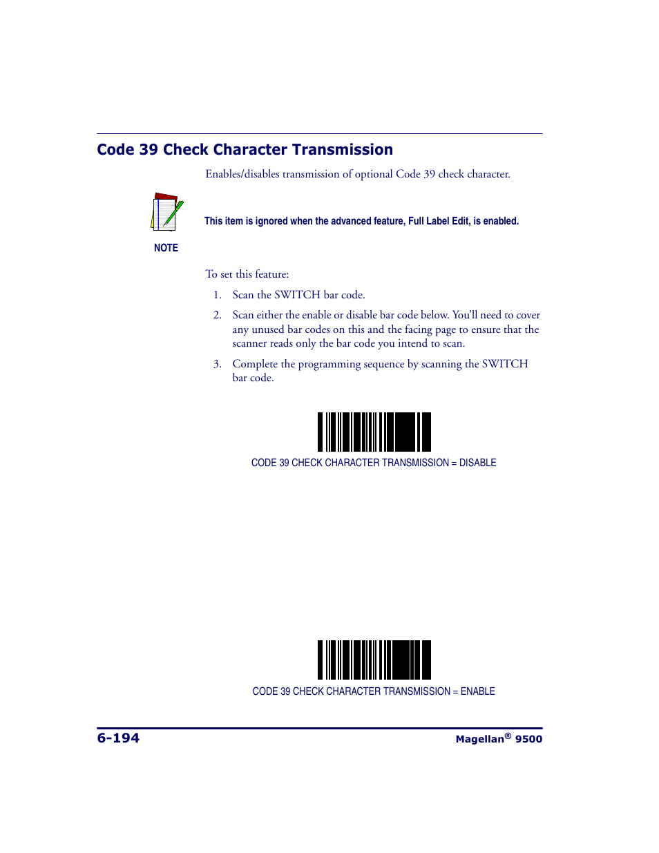 Code 39 check character transmission, Code 39 check character transmission -194 | Datalogic Scanning 9500 User Manual | Page 310 / 460