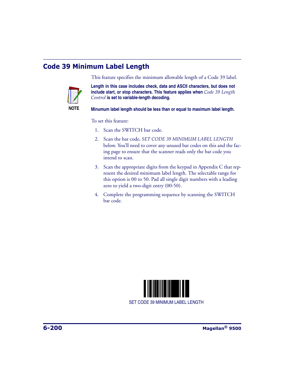 Code 39 minimum label length, Code 39 minimum label length -200, Code 39 minimum label length . if fix | Datalogic Scanning 9500 User Manual | Page 316 / 460